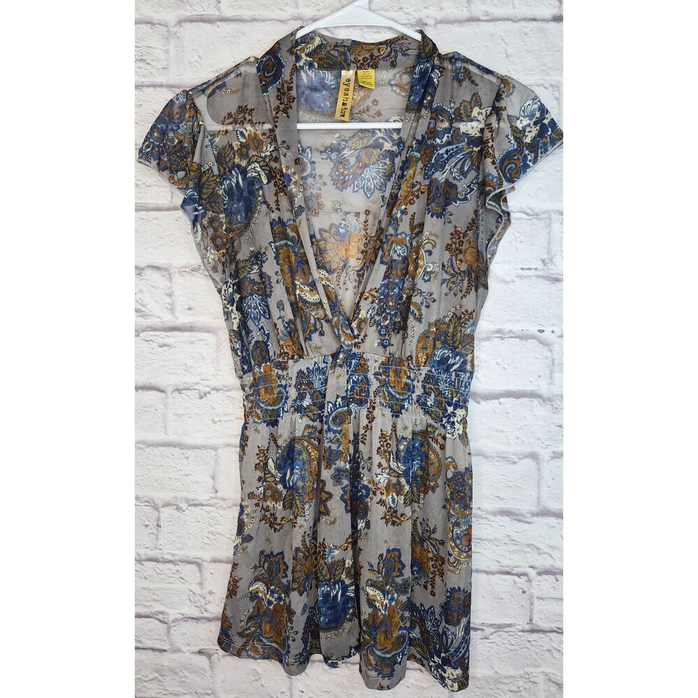 Eyeshadow Y2K Mesh Top Large Sheer Paisley Whimsigoth Smocked VNeck Flutter